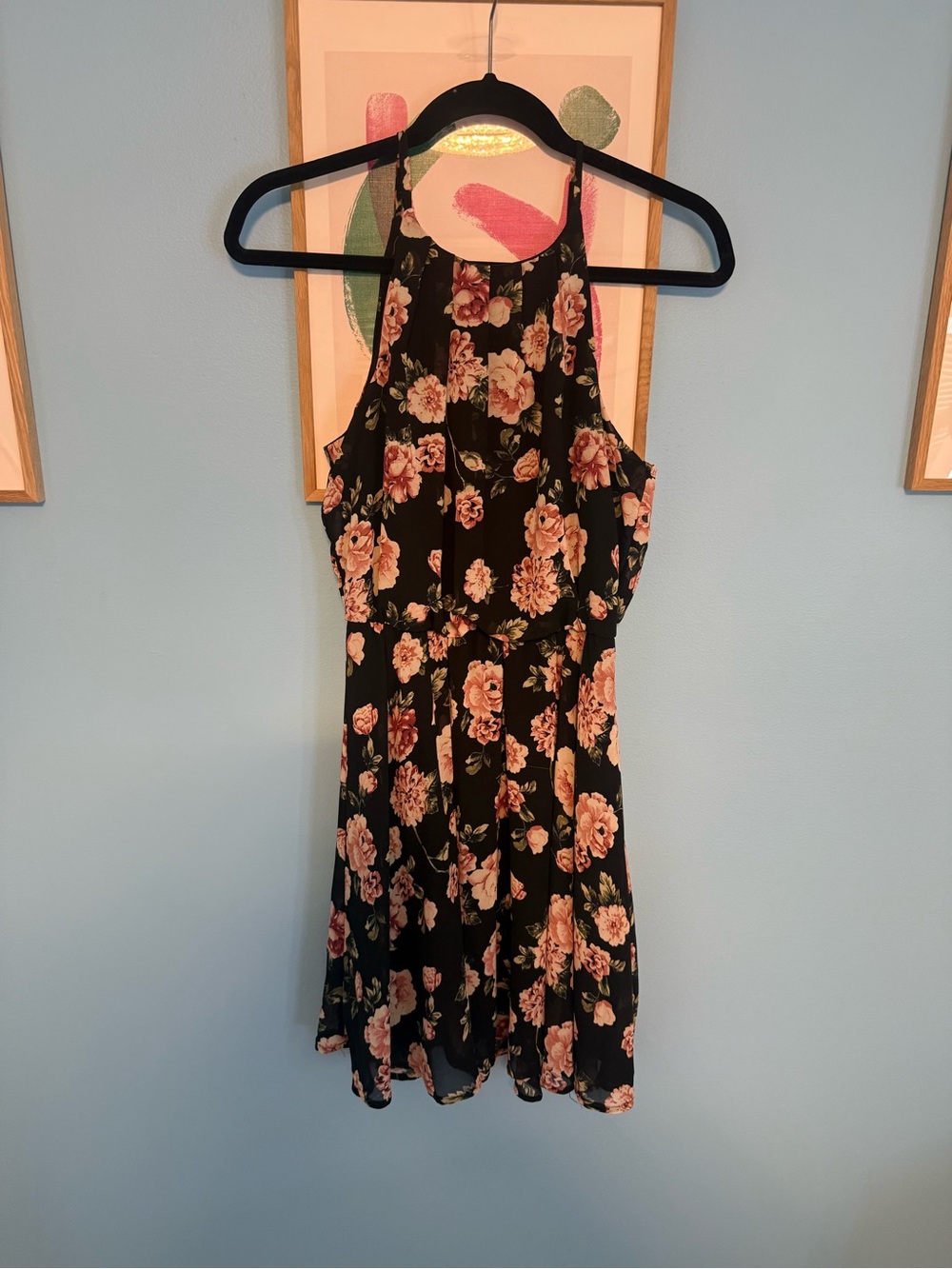 Blue Rain Black Dress with Pink Floral Straps